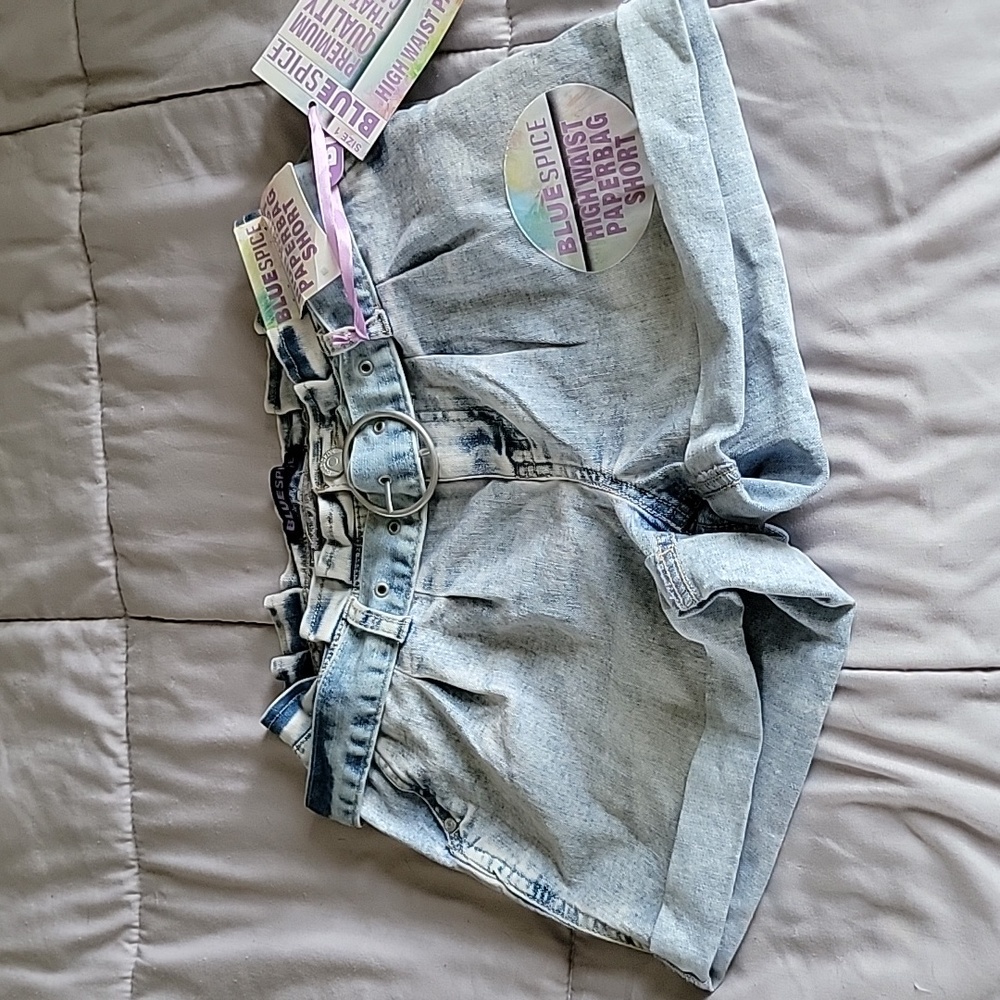 Blue Spice High Waist Paperbag Shorts, Color Light Blue Fade, Size 1